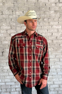 Men's Red Fine Shadow Plaid Western Shirt