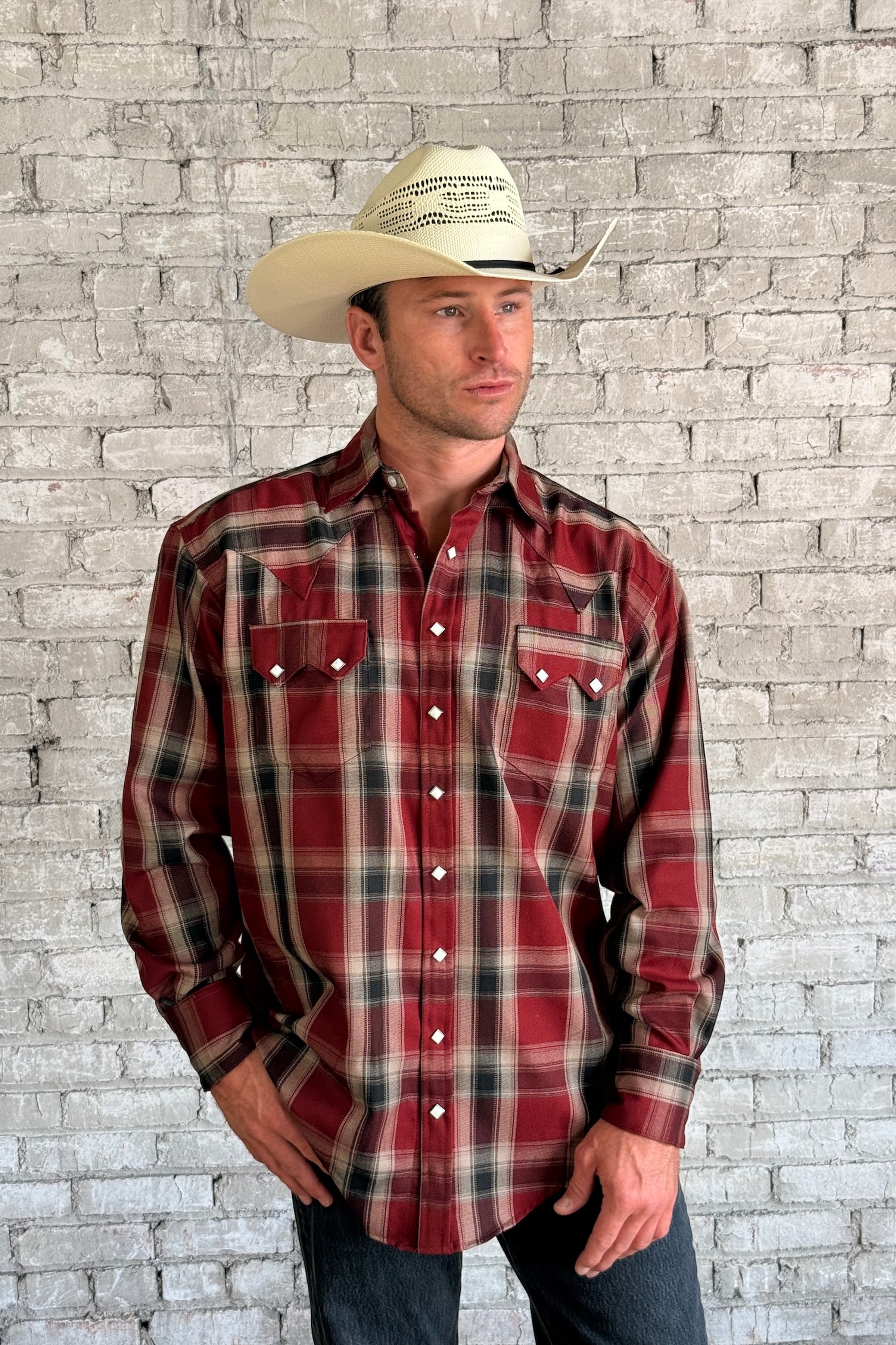 Men's Red Fine Shadow Plaid Western Shirt