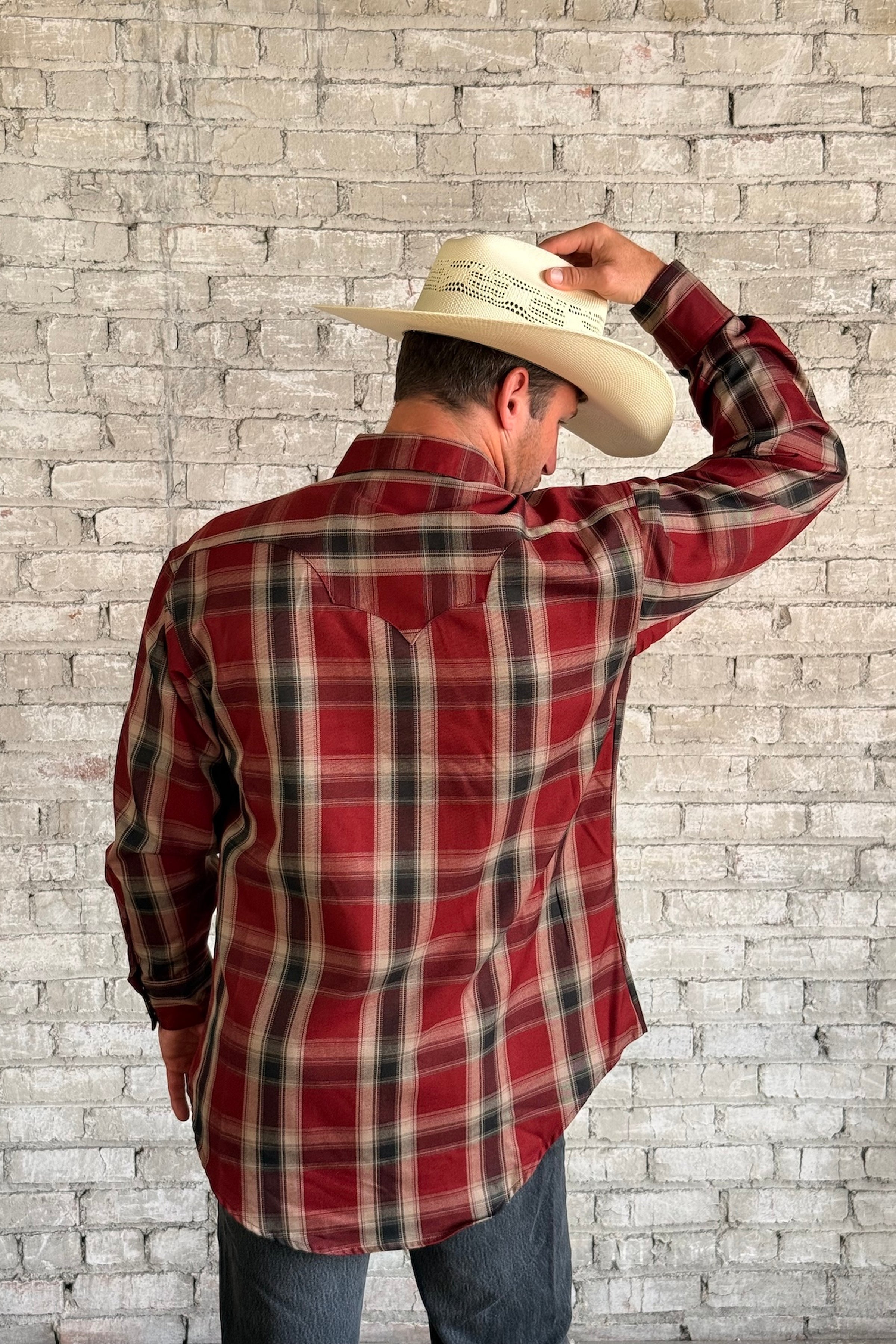 Men's Red Fine Shadow Plaid Western Shirt