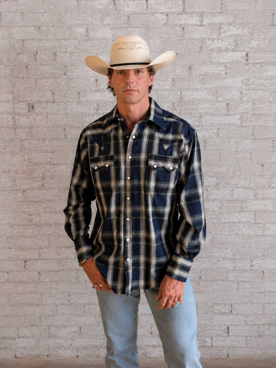 Men's Plush Flannel Blue & Black Plaid Western Shirt