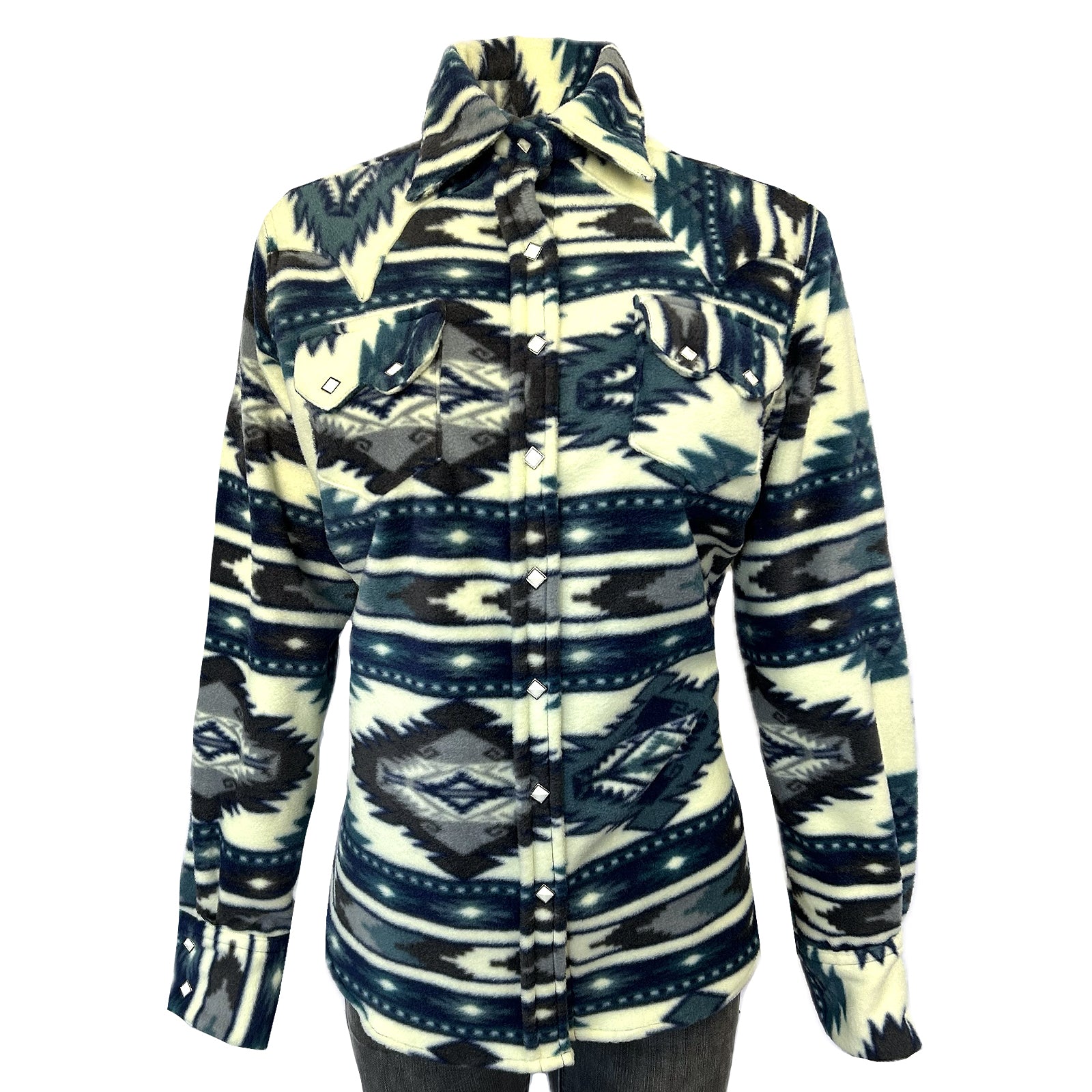 Women's Native Pattern Fleece Western Shirt in White & Blue