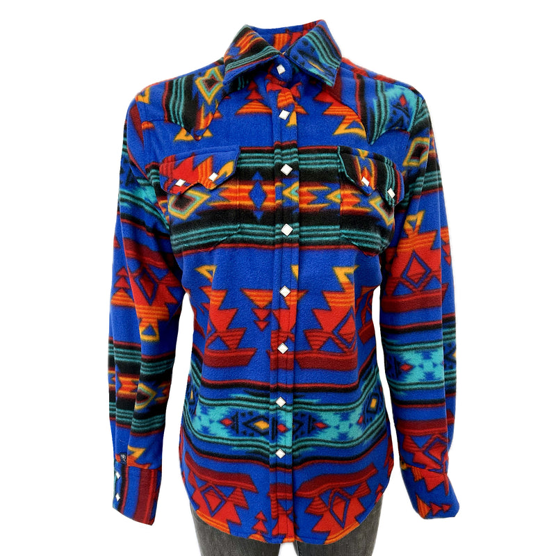 Women's Native Pattern Fleece Western Shirt in Blue & Red