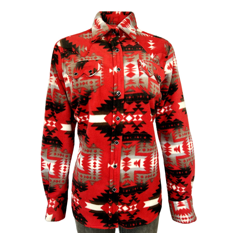 Women's Native Pattern Fleece Western Shirt in Red & Grey