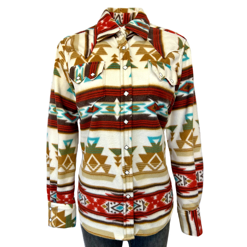 Women's Native Pattern Fleece Western Shirt in Tan & Red