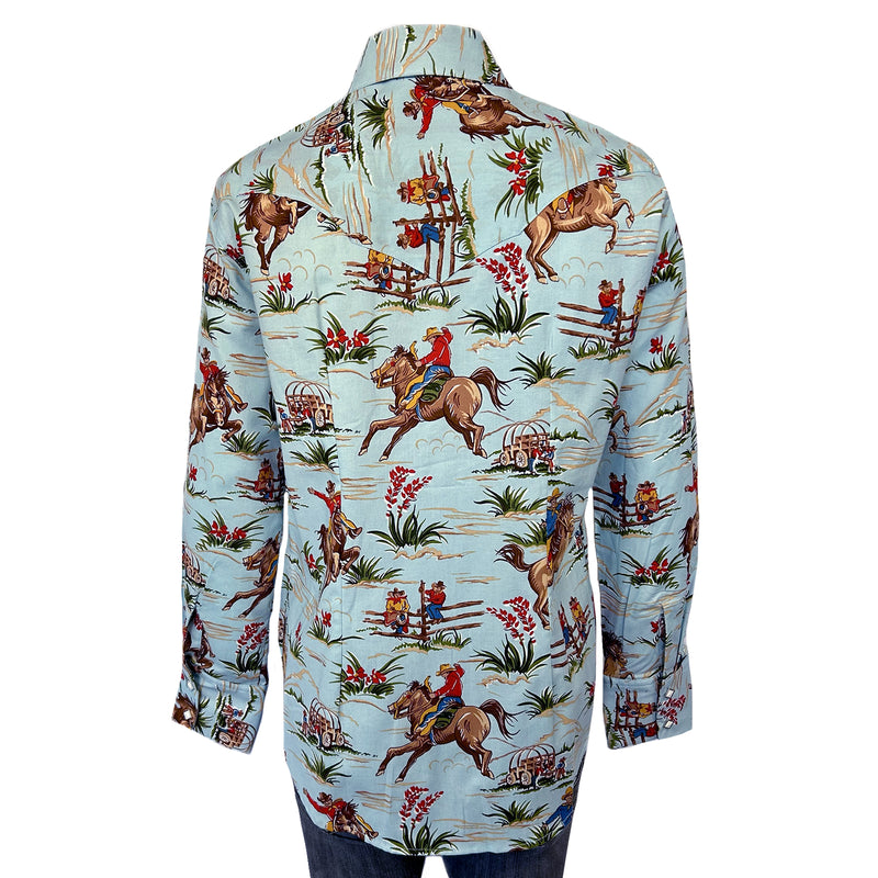 Women's Vintage Western Print Light Blue Shirt