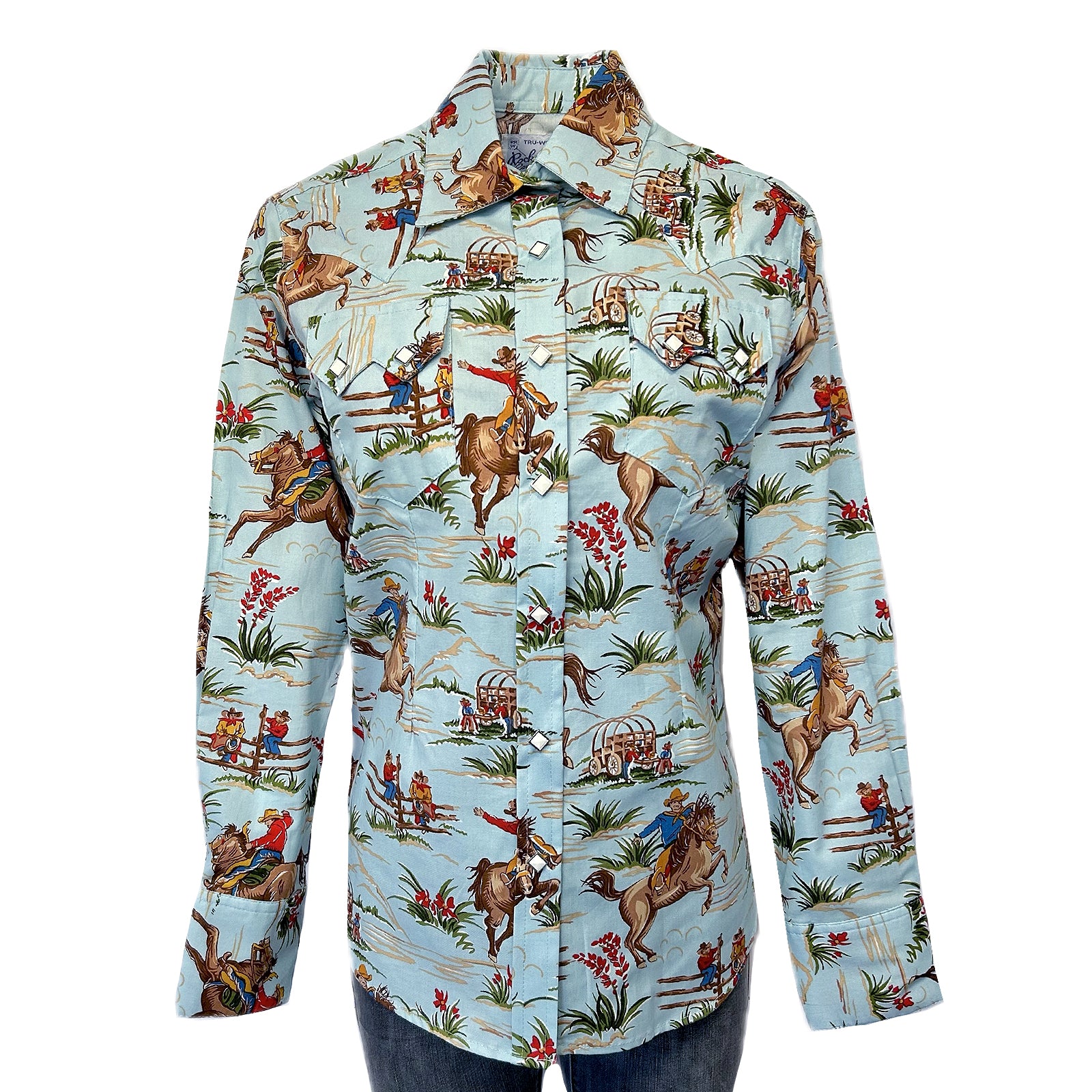 Women's Vintage Western Print Light Blue Shirt