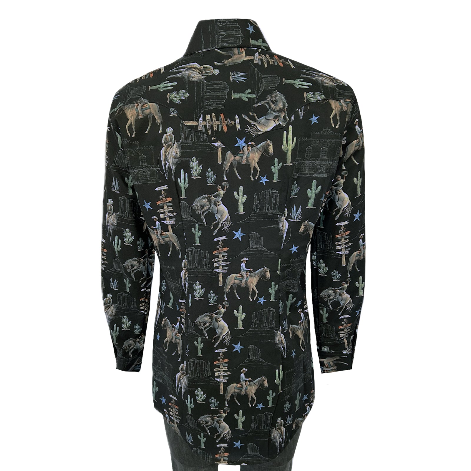 トップス Discharge COWBOY Shirt / Black Discharge Women's Black Cactus & Cowboys Print Long Sleeve Western
