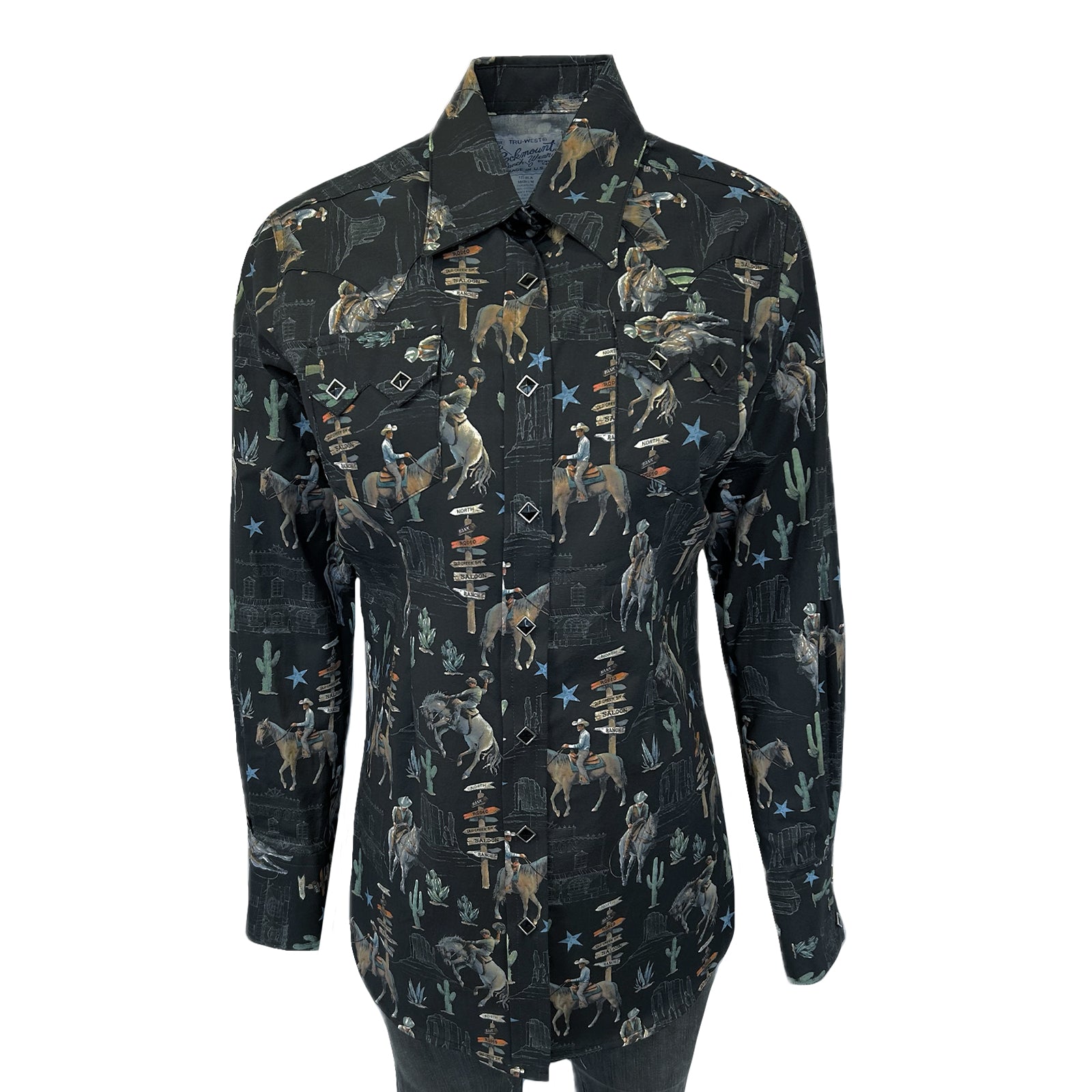 Women’s Black Cactus & Cowboys Print Long Sleeve Western Shirt