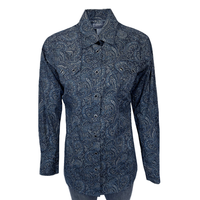 Women's Ornate Paisley Print Western Shirt in Navy