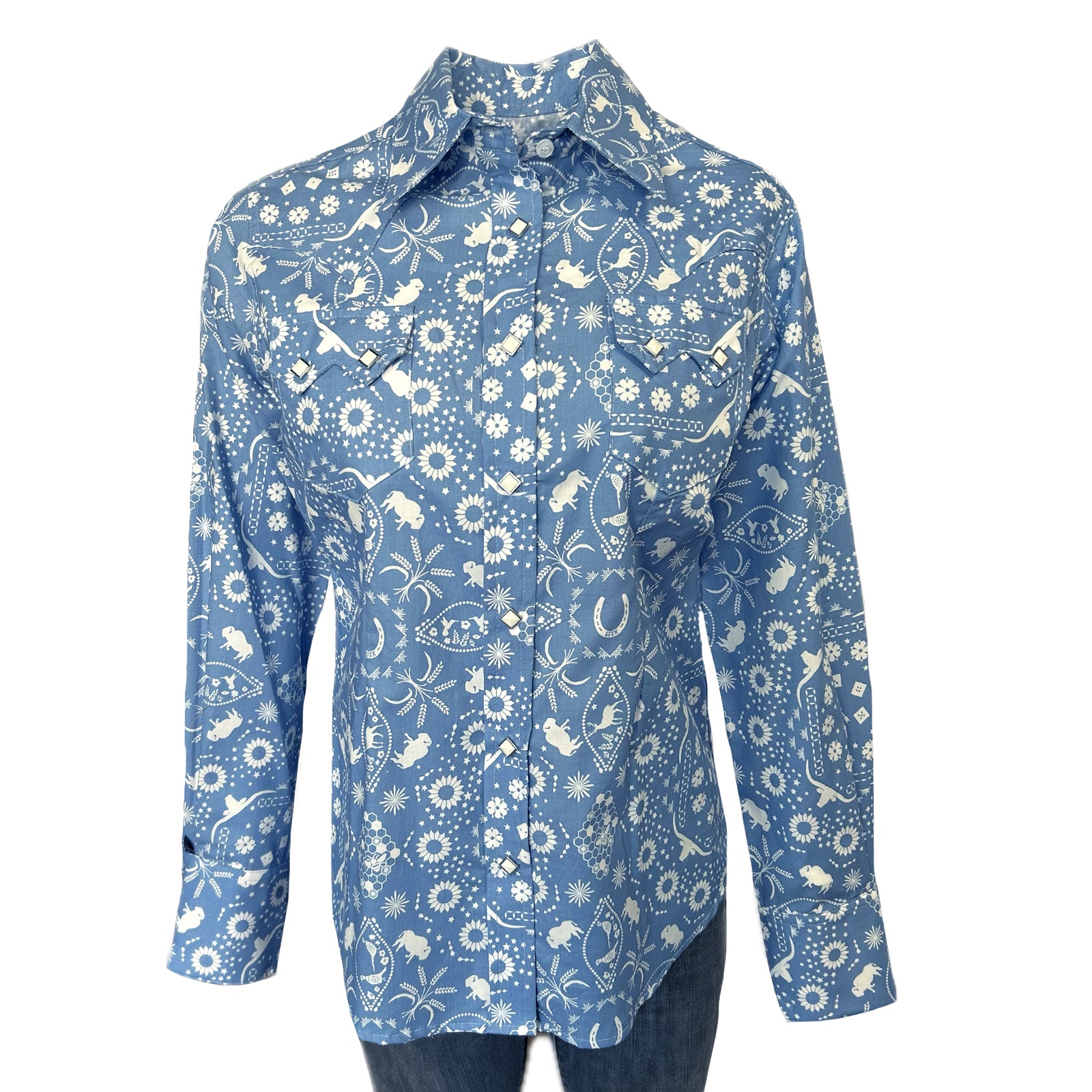 Women's Vintage Blue Bison Print Western Shirt