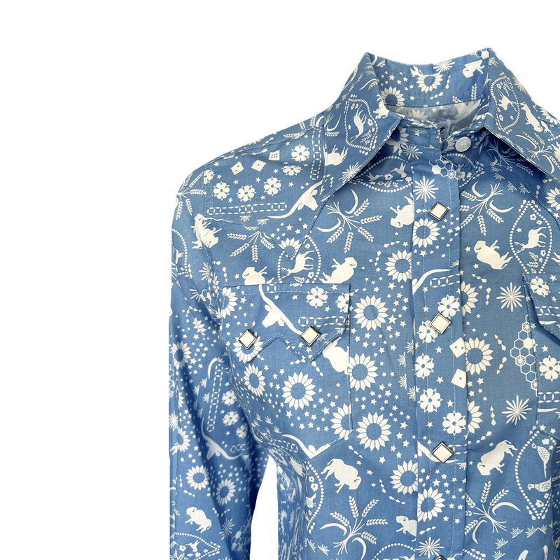 Women's Vintage Blue Bison Print Western Shirt