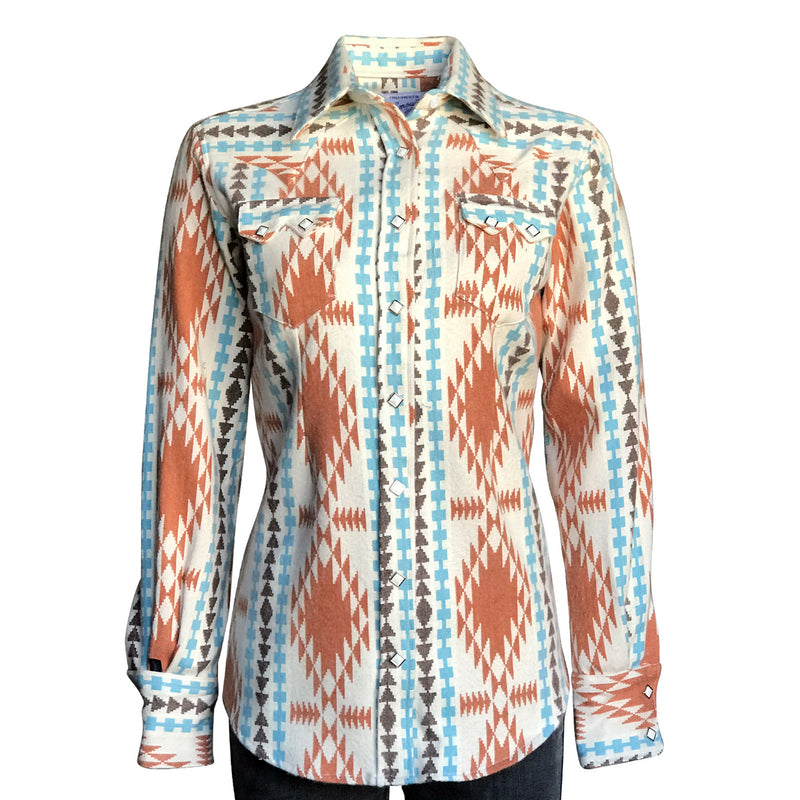 Women's Premium Flannel Jacquard Western Shirt in Ivory & Brown