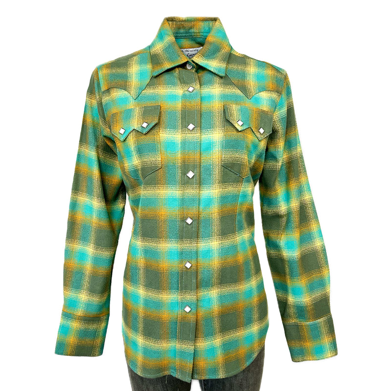 Women's Plush Green & Turquoise Plaid Flannel Western Shirt - L Women's Plush Green & Turquoise Plaid Flannel Western Shirt - L