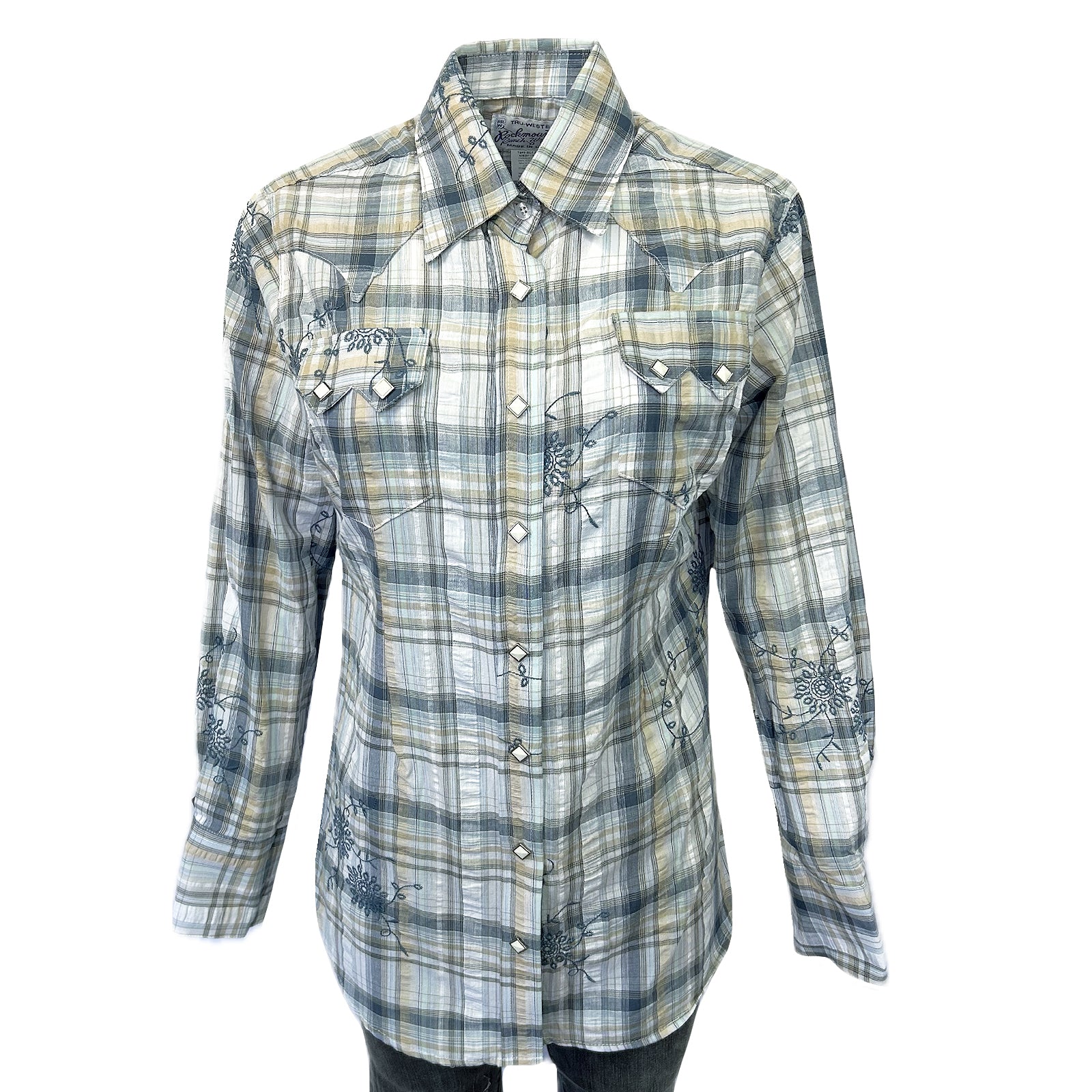 Women's Blue Plaid Eyelet Embroidery Western Shirt