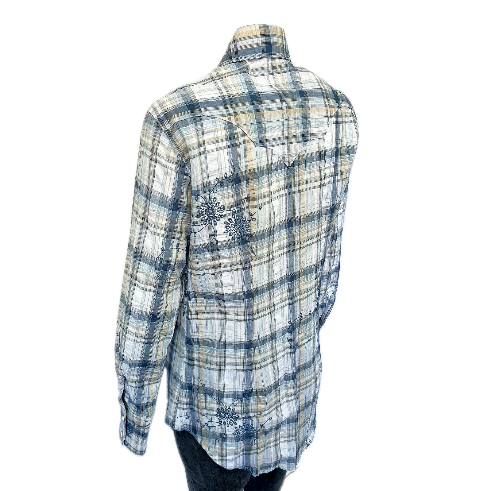 Women's Blue Plaid Eyelet Embroidery Western Shirt