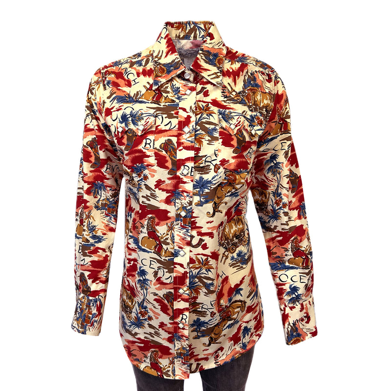 Womens Red Western Hawaiian Print Long Sleeve Shirt - XL Womens Red Western Hawaiian Print Long Sleeve Shirt - XL