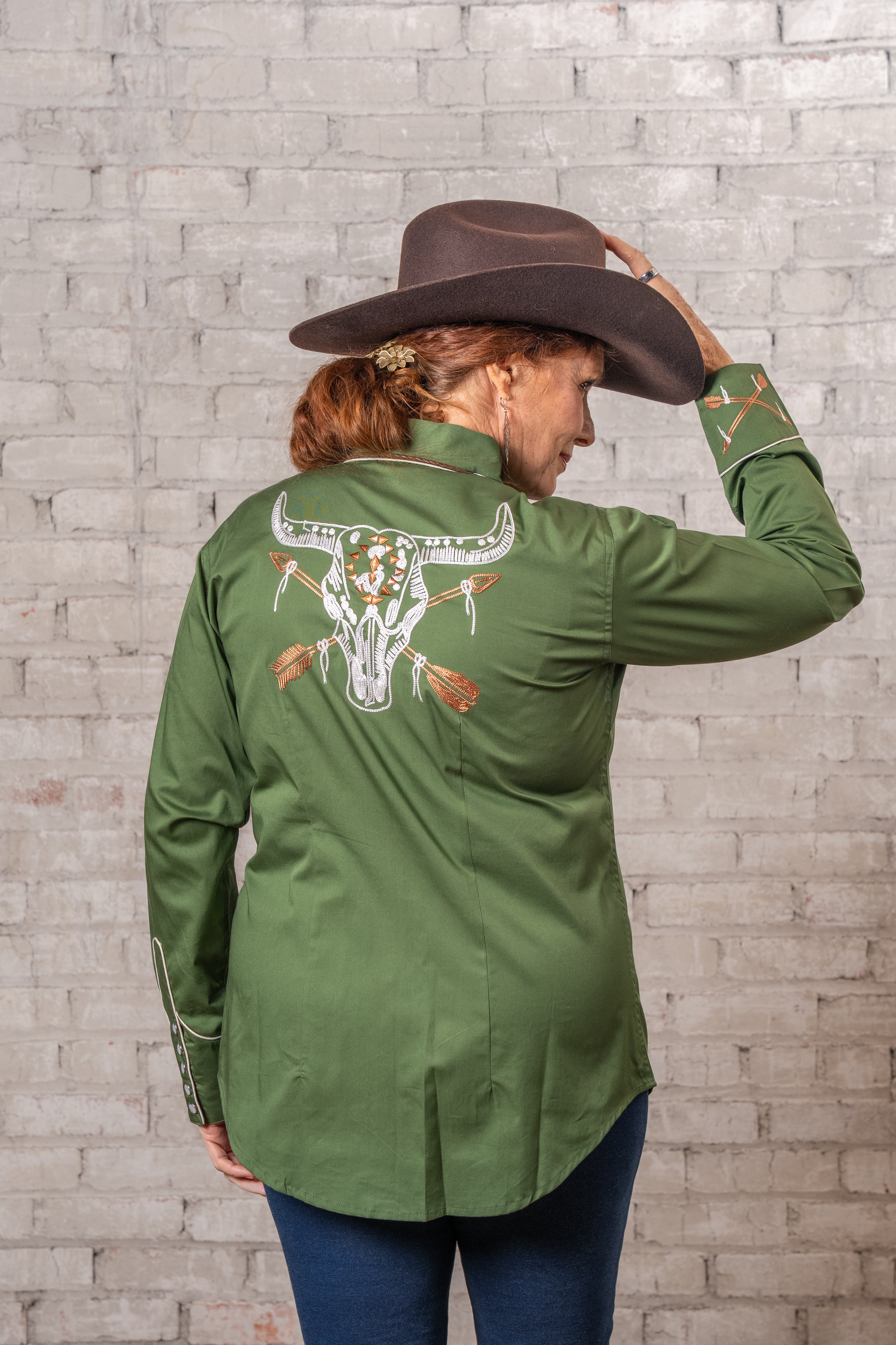 Rockmount Women's Vintage Green Steer Skull & Arrow Chain Stitch