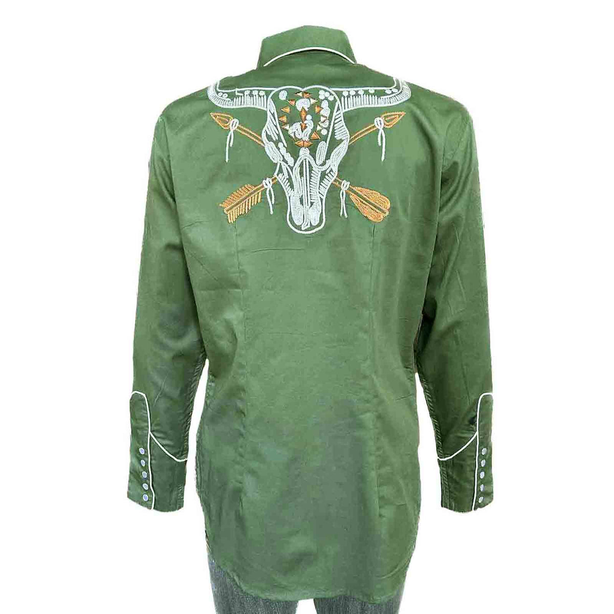 Women’s Vintage Green Steer Skull & Arrow Chain Stitch Embroidery Western Shirt