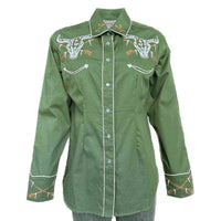 Women’s Vintage Green Steer Skull & Arrow Chain Stitch Embroidery Western Shirt