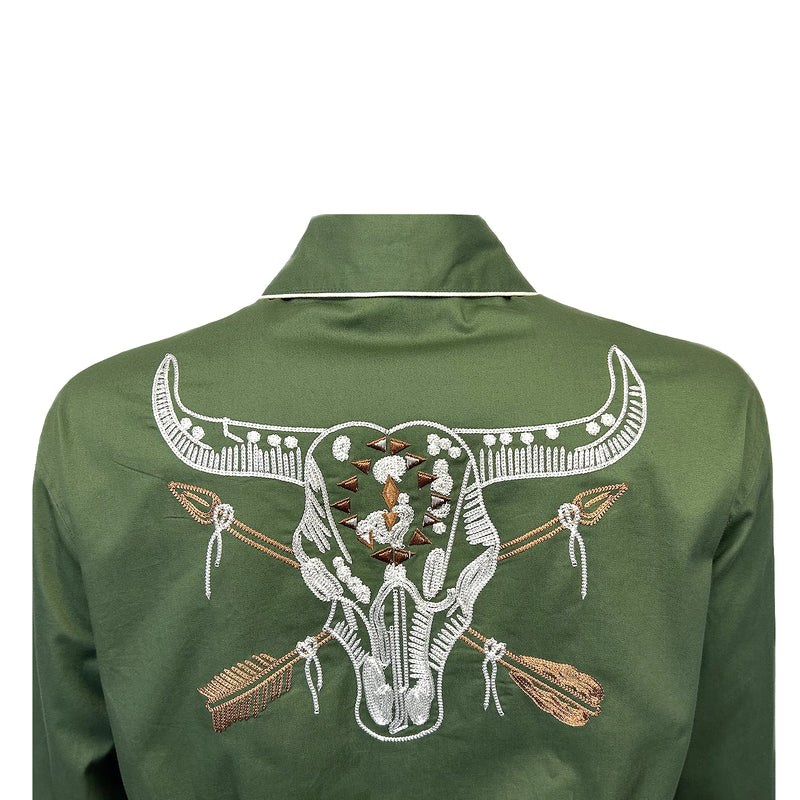 Women’s Vintage Green Steer Skull & Arrow Chain Stitch Embroidered Western Shirt