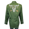 Women’s Vintage Green Steer Skull & Arrow Chain Stitch Embroidered Western Shirt