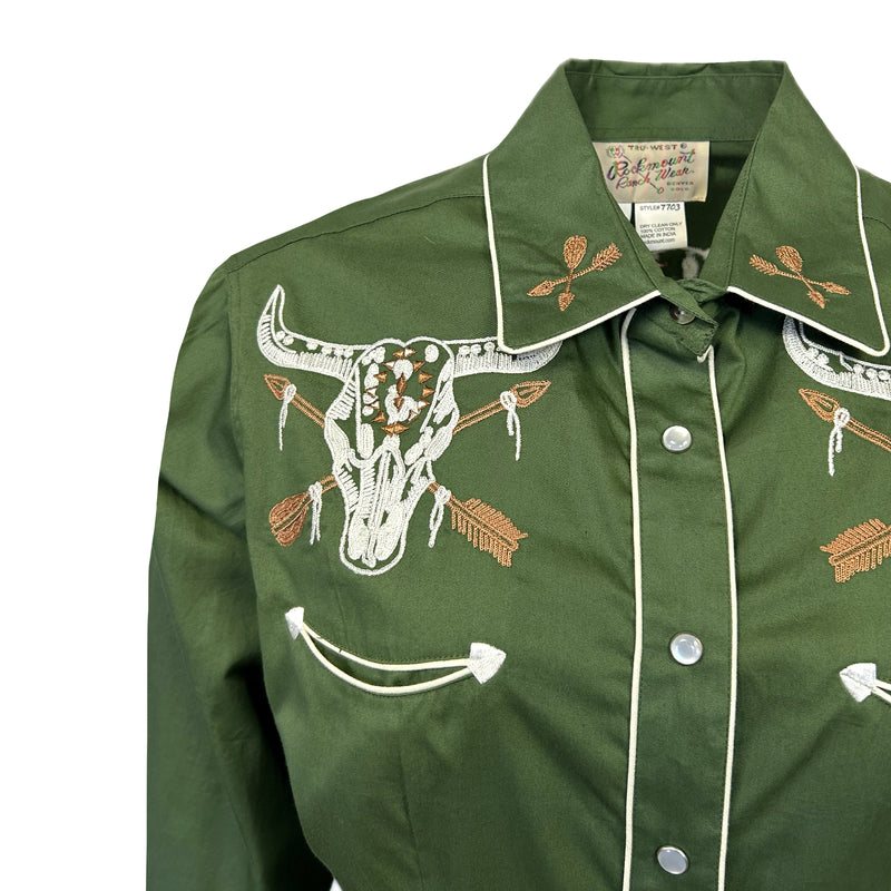 Women’s Vintage Green Steer Skull & Arrow Chain Stitch Embroidered Western Shirt