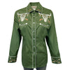 Women’s Vintage Green Steer Skull & Arrow Chain Stitch Embroidered Western Shirt