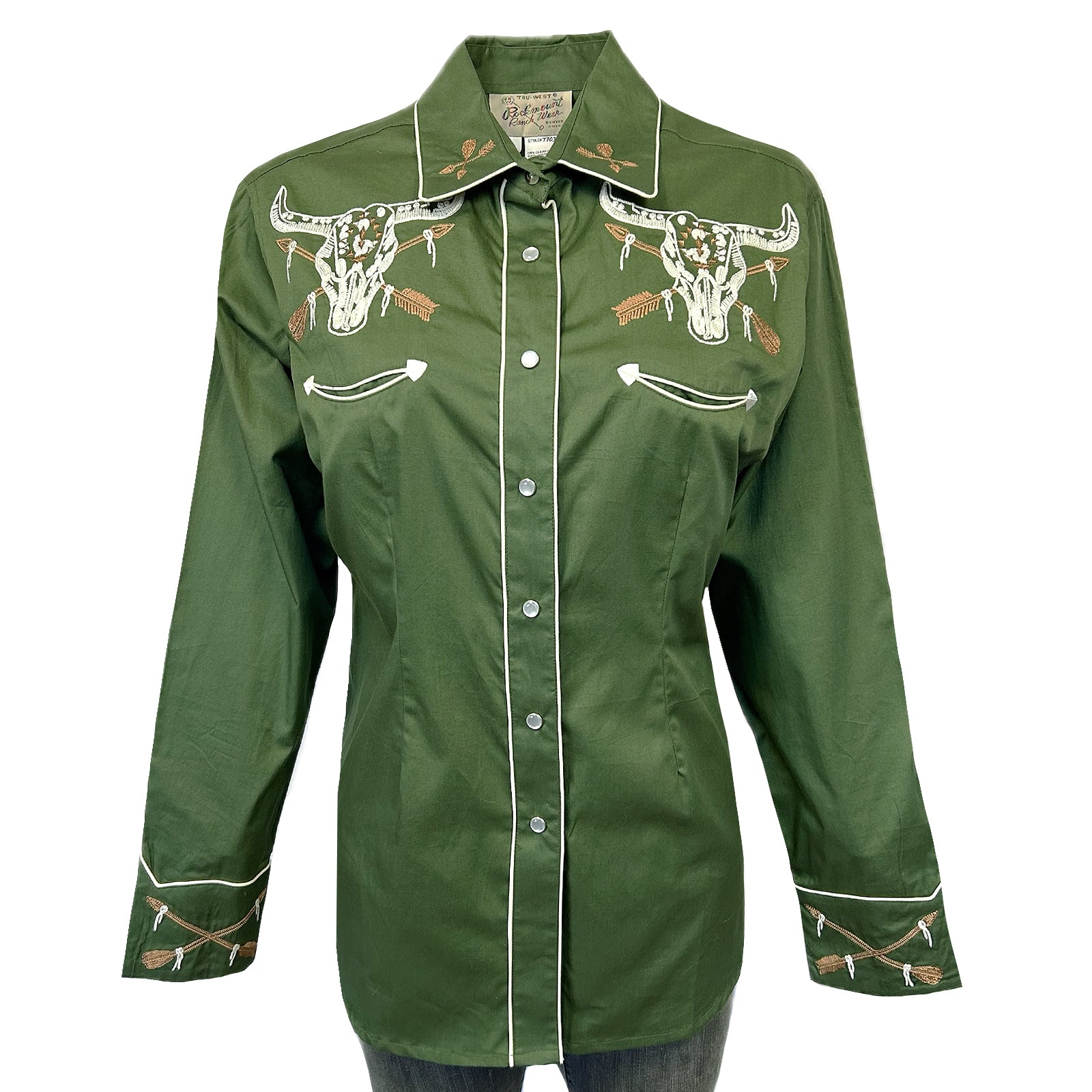 Women’s Vintage Green Steer Skull & Arrow Chain Stitch Embroidered Western Shirt