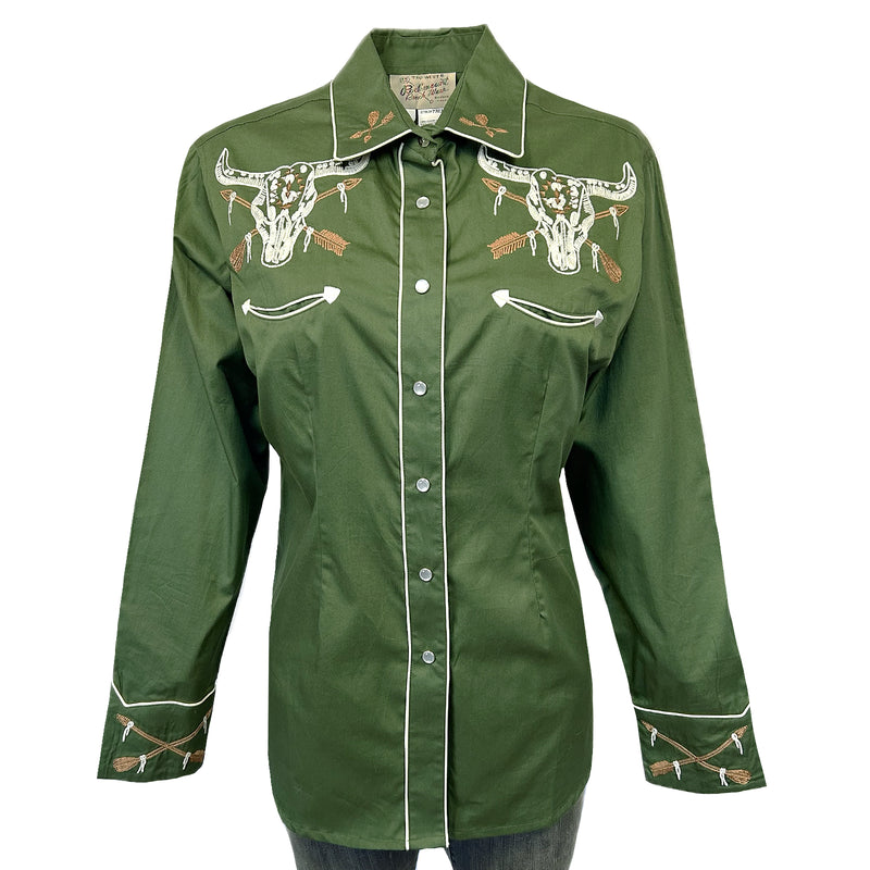 Women’s Vintage Green Steer Skull & Arrow Chain Stitch Embroidered Western Shirt