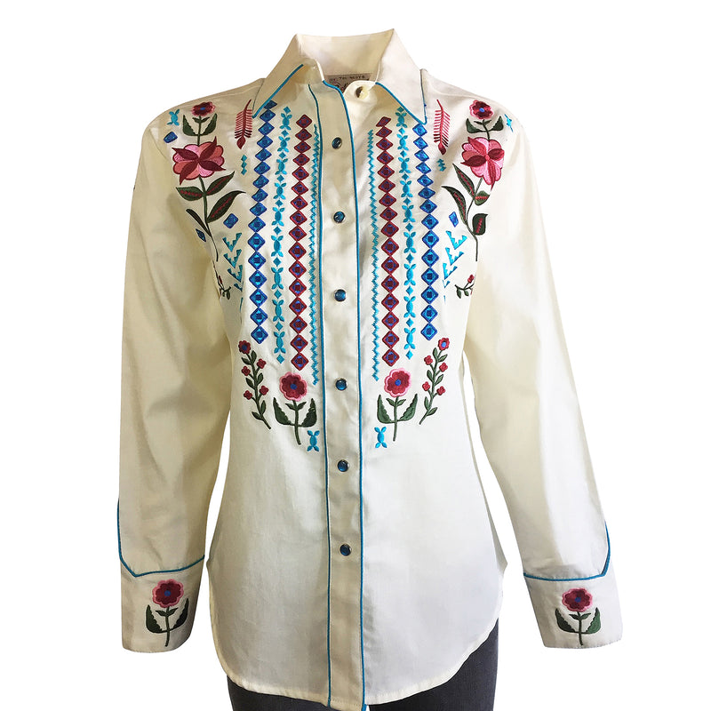 Women's Boho Serape Western Shirt with Cascading Embroidery in Ivory ...