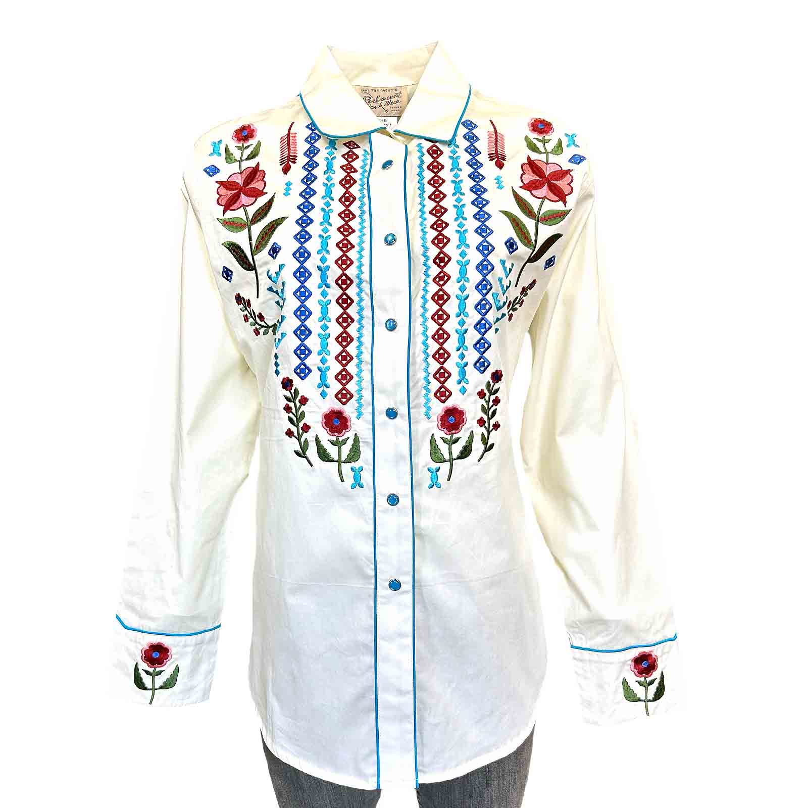 Women's Boho Serape Western Shirt with Cascading Embroidery in Ivory