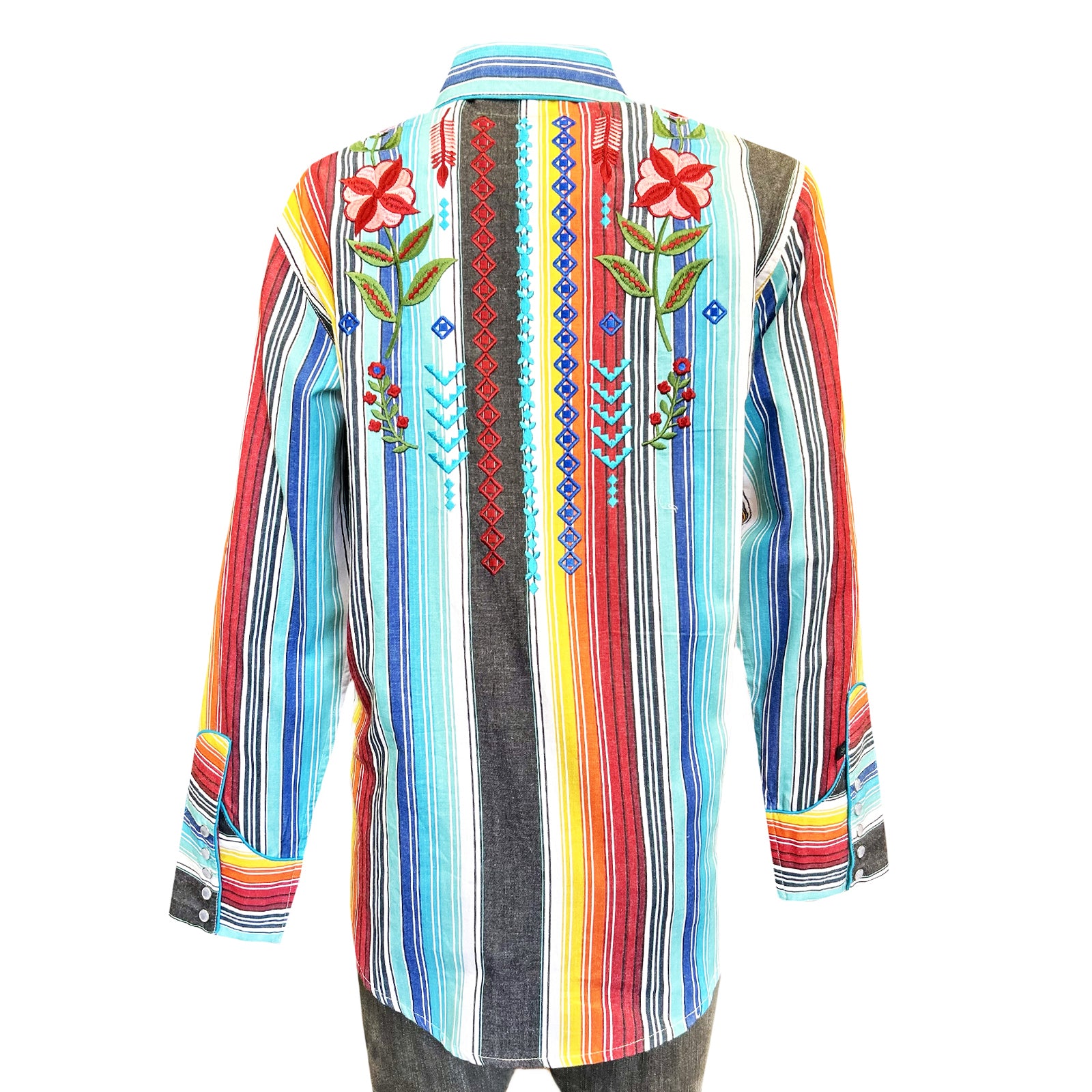 Women's Boho Serape Stripe Western Shirt with Cascading Embroidery