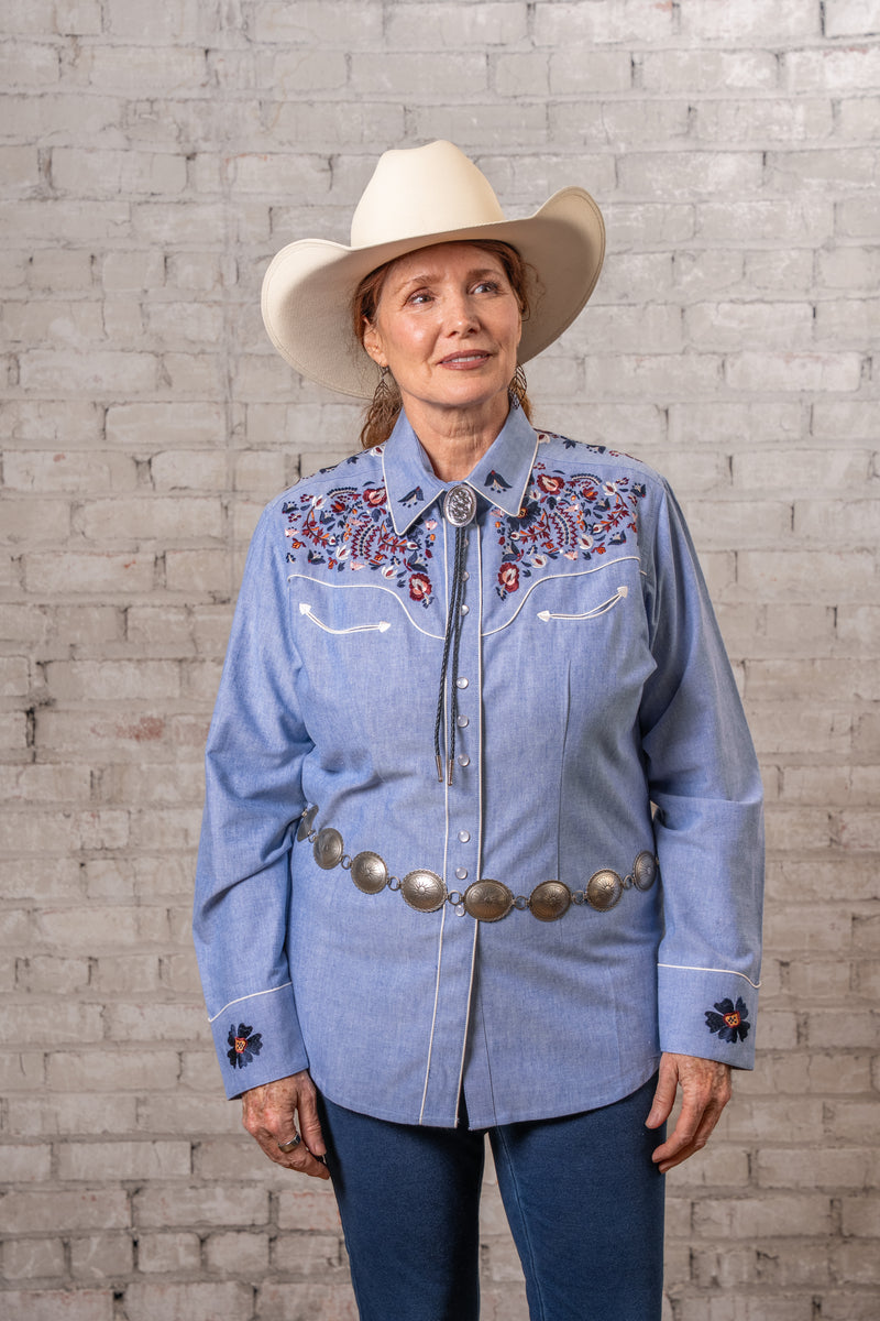 Women's Vintage Blue Floral Embroidered Western Shirt