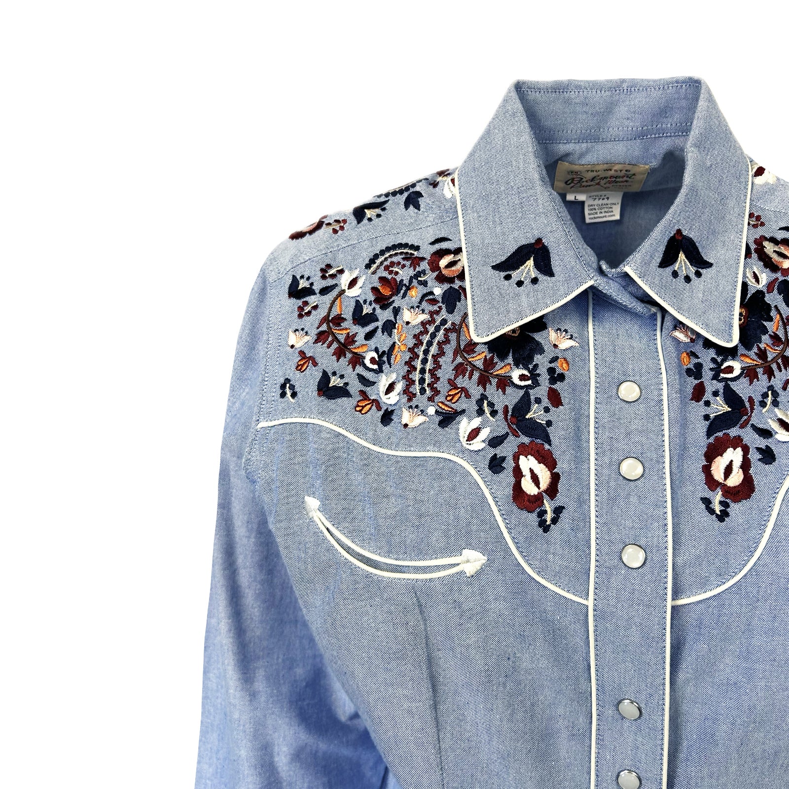 ■R.SHEMISTE■ FLORAL JACQUARD WESTERN SHIRT BLUE Rockmount Women's Art Deco Tulip Embroidery Cotton Western Shirt