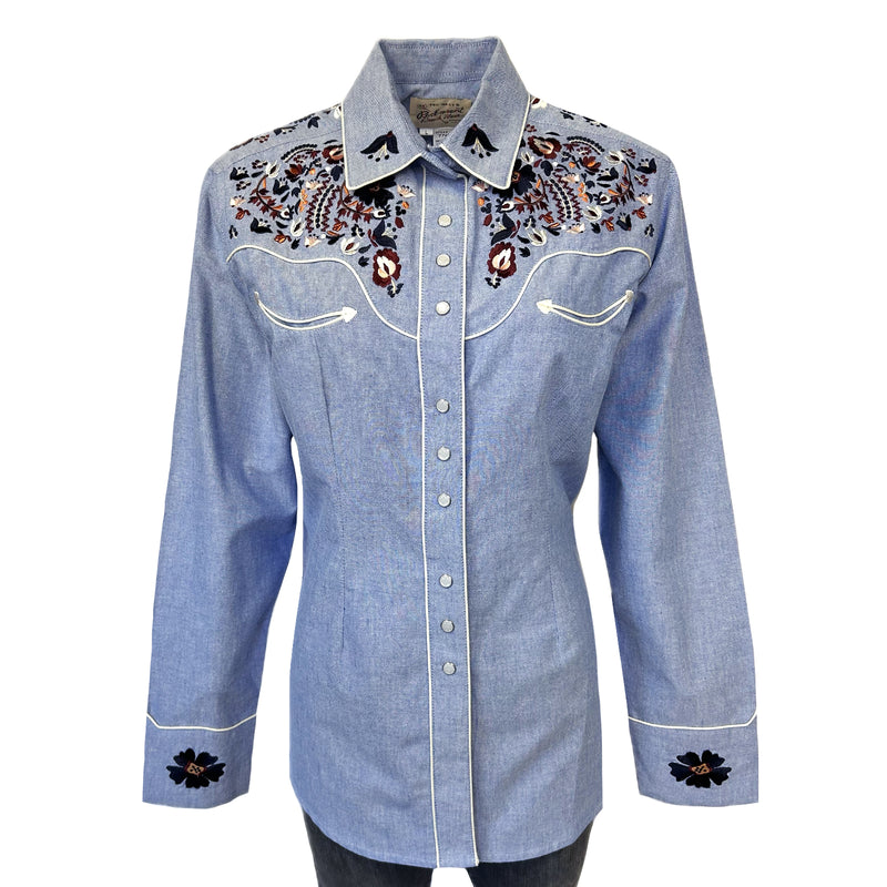 Women's Vintage Blue Floral Embroidered Western Shirt