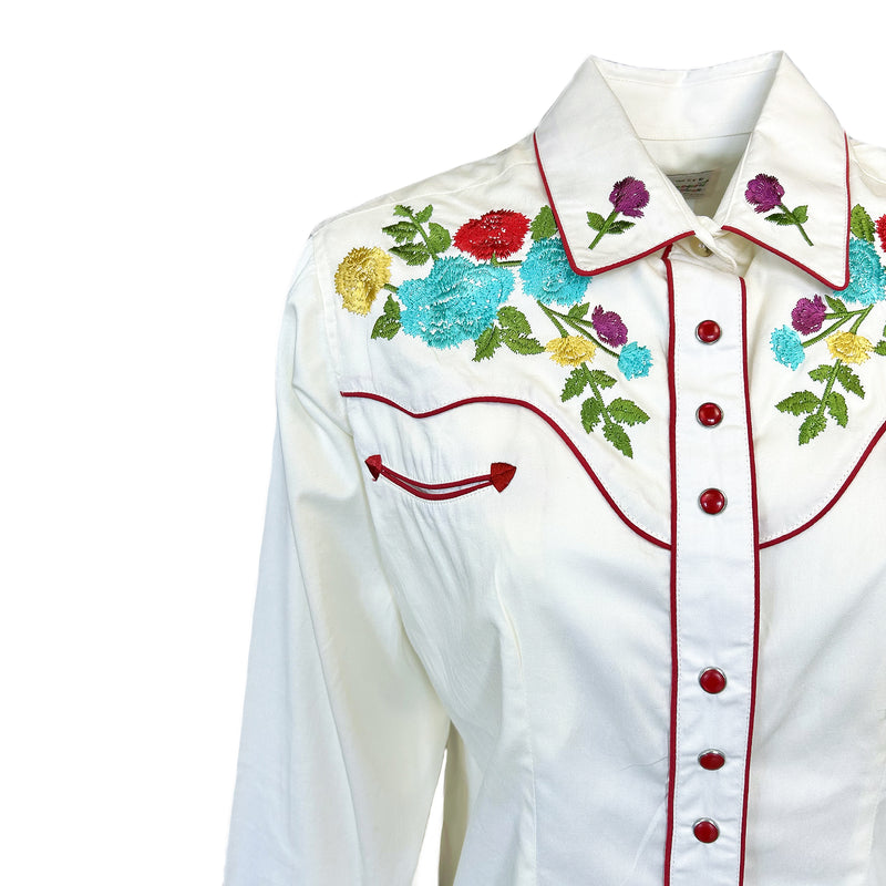 Women's Vintage Ivory Floral Pastel Embroidery Western Shirt
