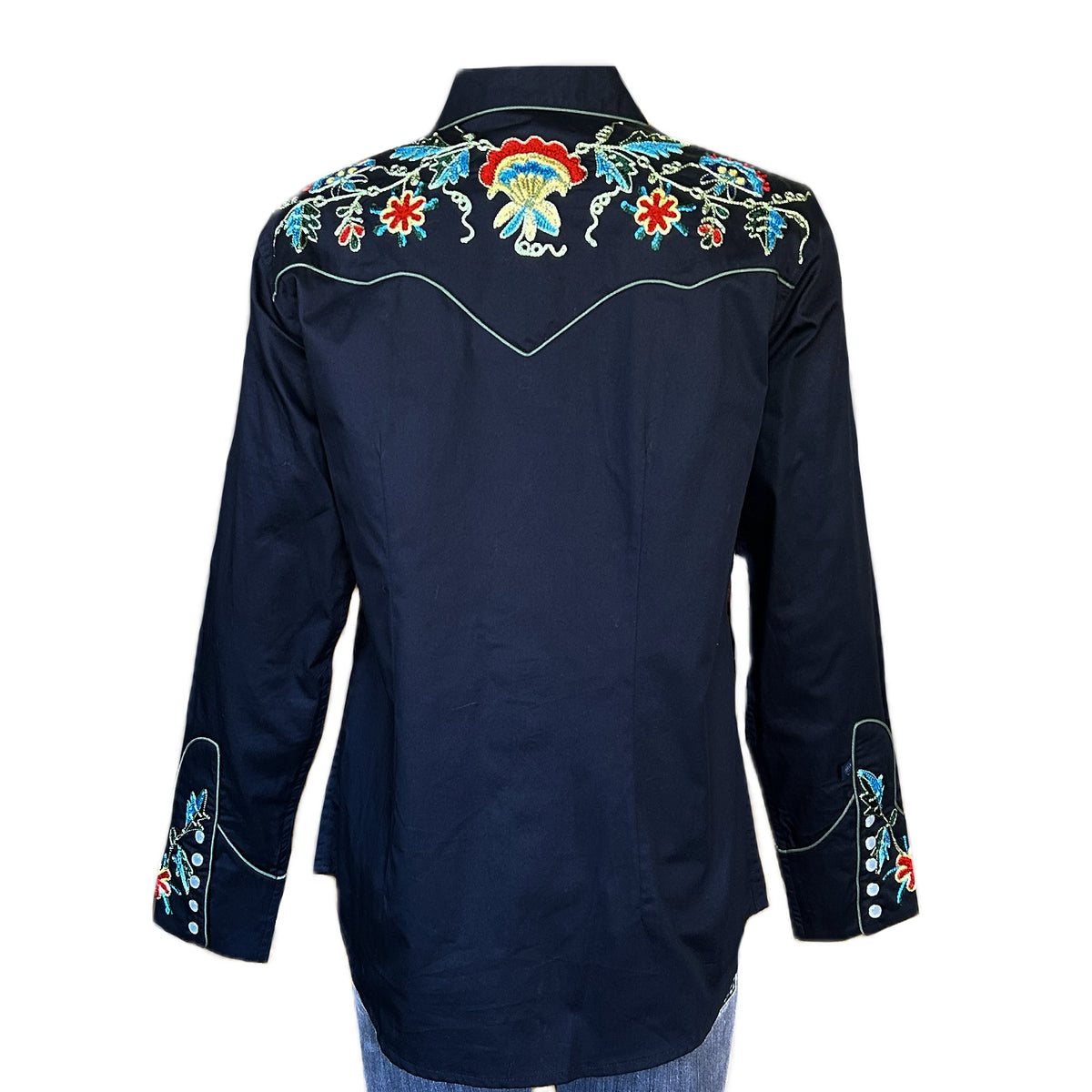 Women's Floral Embroidery Cotton Gabardine Black Western Shirt