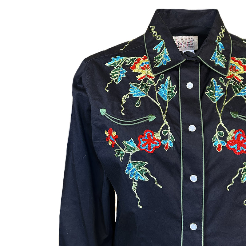 Women's Floral Embroidery Cotton Gabardine Black Western Shirt