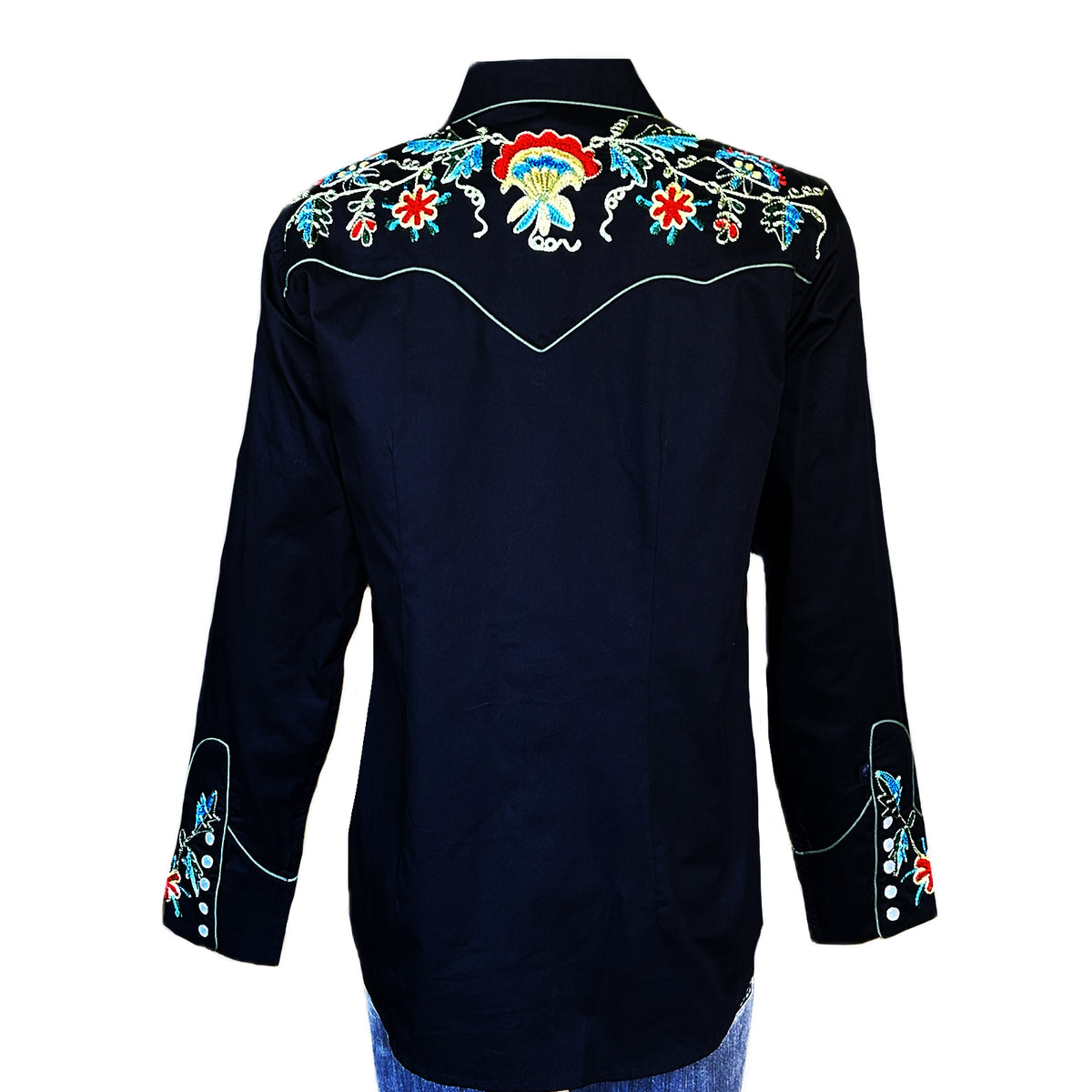 Women's Black Floral Cotton Gabardine Embroidered Western Shirt