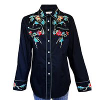 Women's Floral Embroidery Cotton Gabardine Black Western Shirt