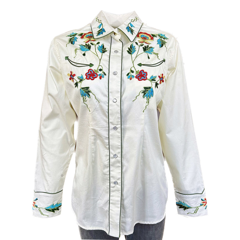 Women's Floral Embroidery Cotton Gabardine Ivory Western Shirt