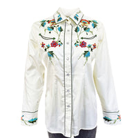 Women's Floral Embroidery Cotton Gabardine Ivory Western Shirt