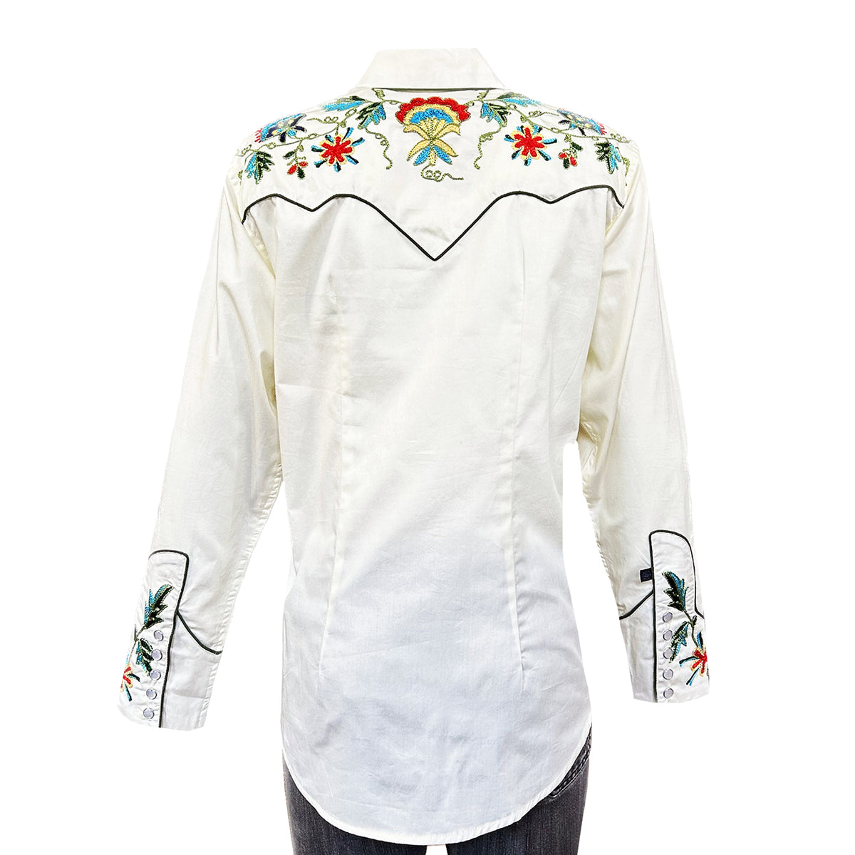 Women's Ivory Floral Embroidered Cotton Gabardine Western Shirt