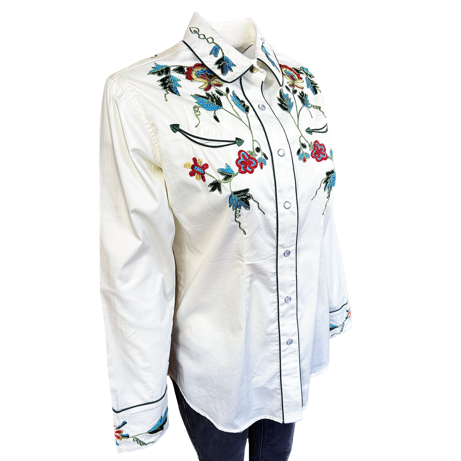 Women's Floral Embroidery Cotton Gabardine Ivory Western Shirt