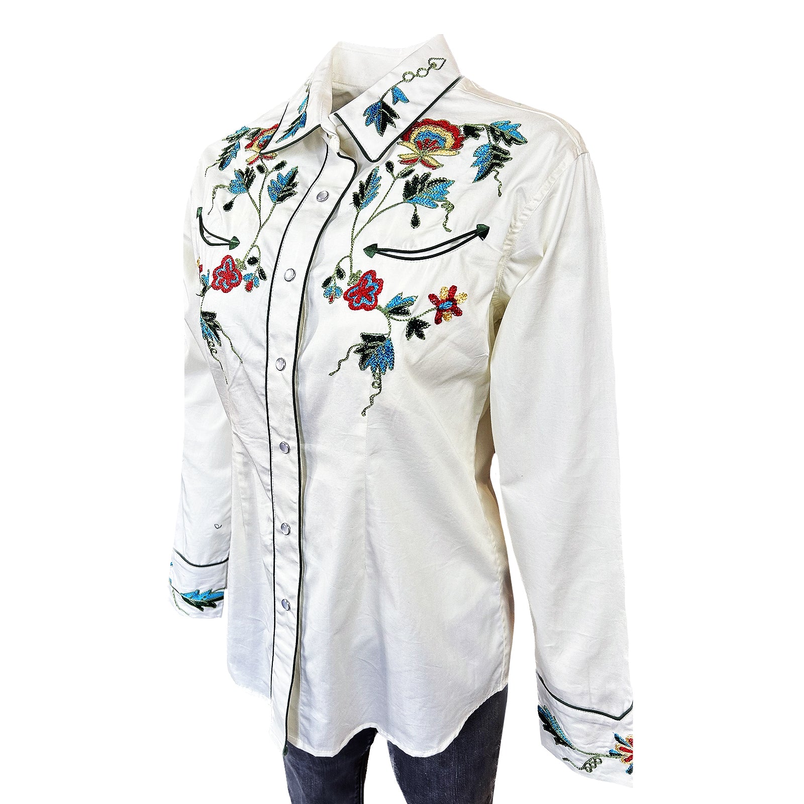 Montana Co Women's White Floral Cotton Cowboy Patch Long Sleeve Button Down sale Shir