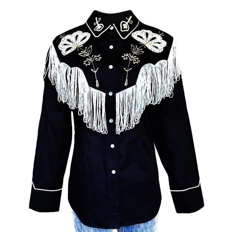 Women's Vintage Black Fringe Embroidered Western Shirt