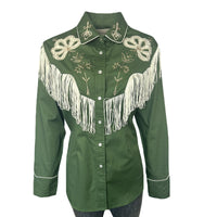 Women's Vintage Green Fringe Embroidered Western Shirt