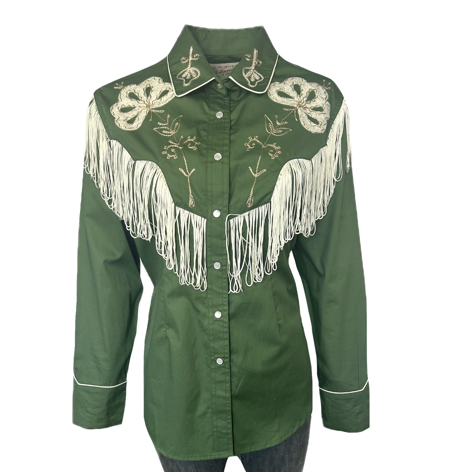 Women's Vintage Green Fringe Embroidered Western Shirt