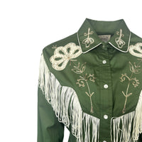 Women's Vintage Green Fringe Embroidered Western Shirt