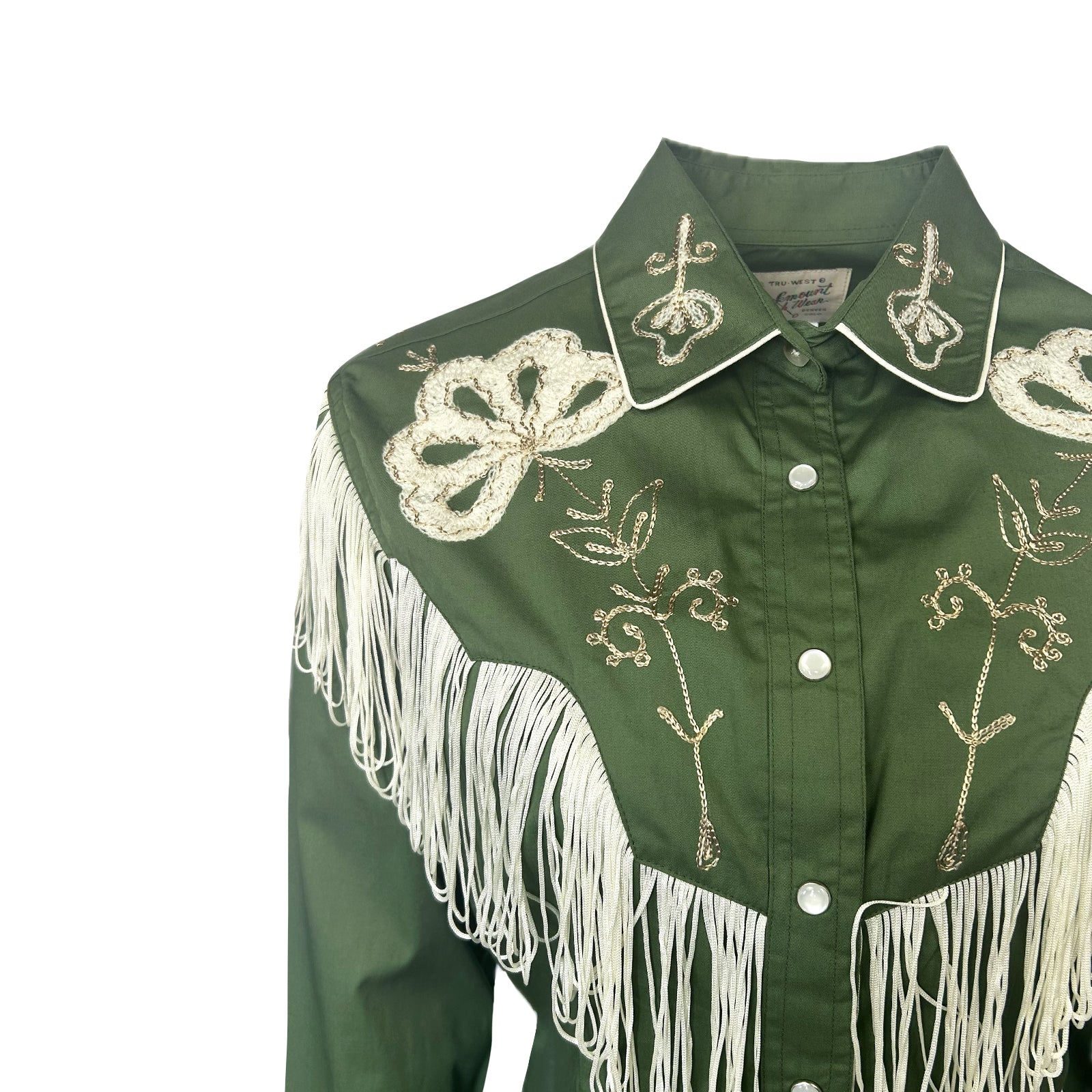 Women's Vintage Green Fringe Embroidered Western Shirt